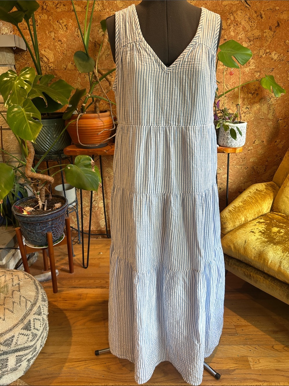 Quince Blue & White Striped V-Neck Tiered Maxi Dress
